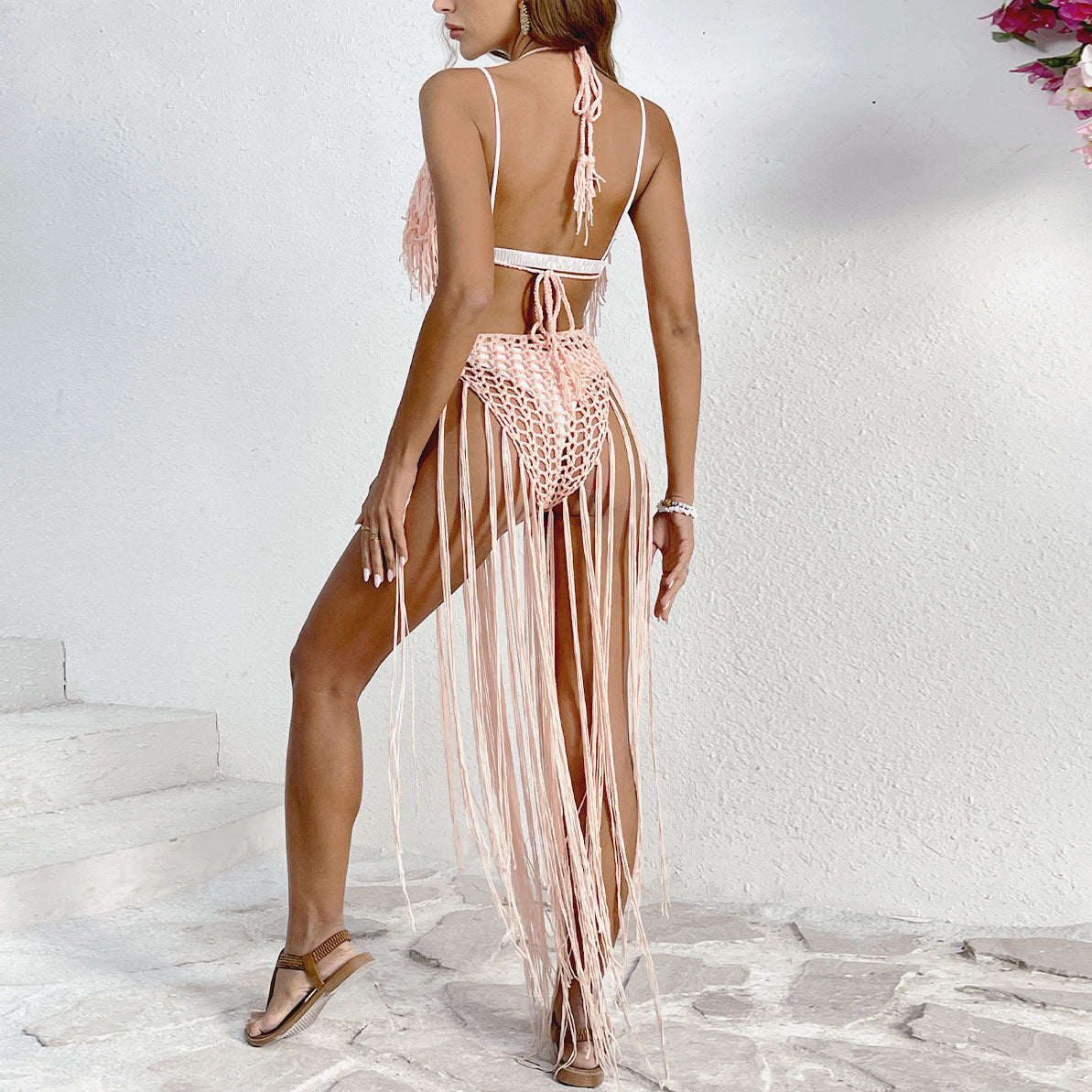 Women's crochet beach dress with fringed details and deep V-neck, size [size]