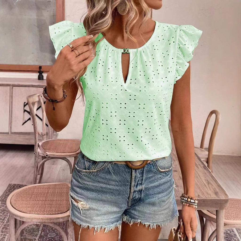 Damen Bluse mit Rüschendetails und Lochstickerei GR