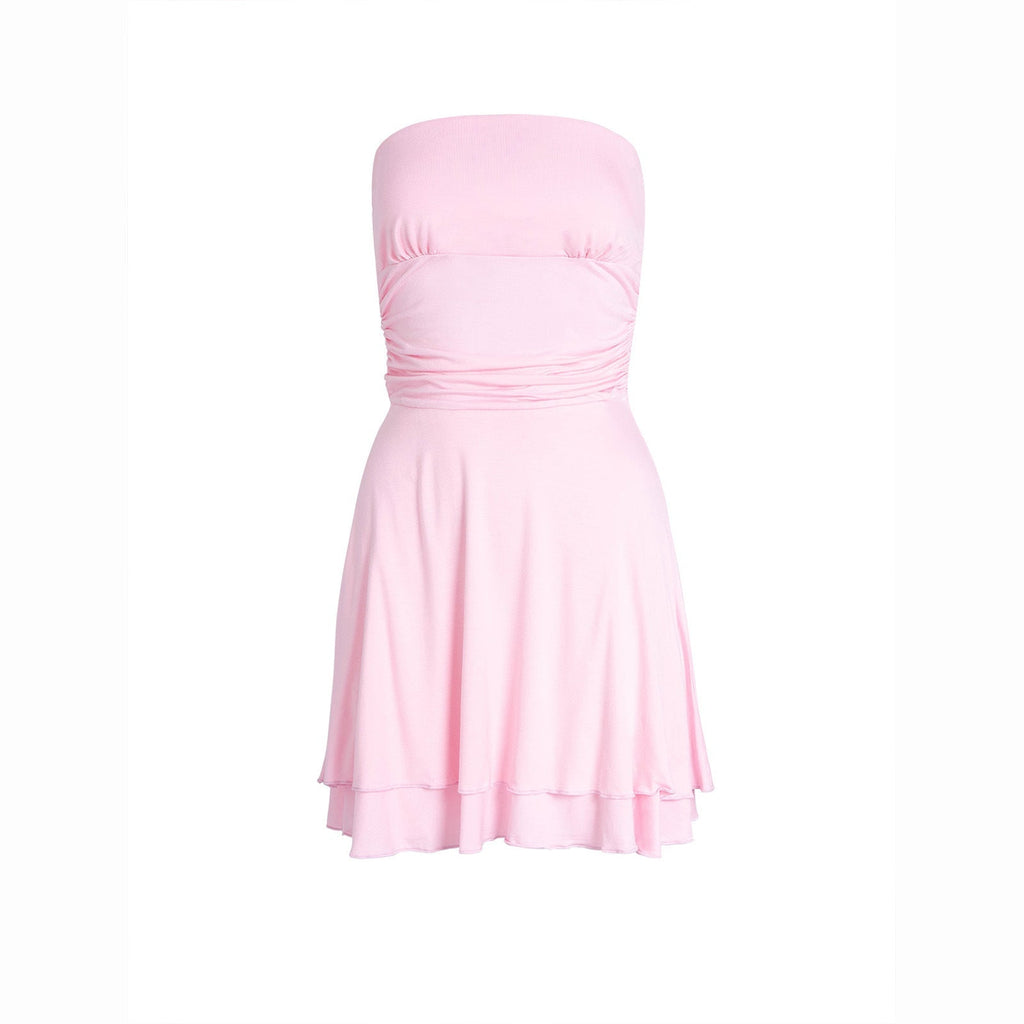 Women's sleeveless mini dress with gathered bodice and flowing hem, size S