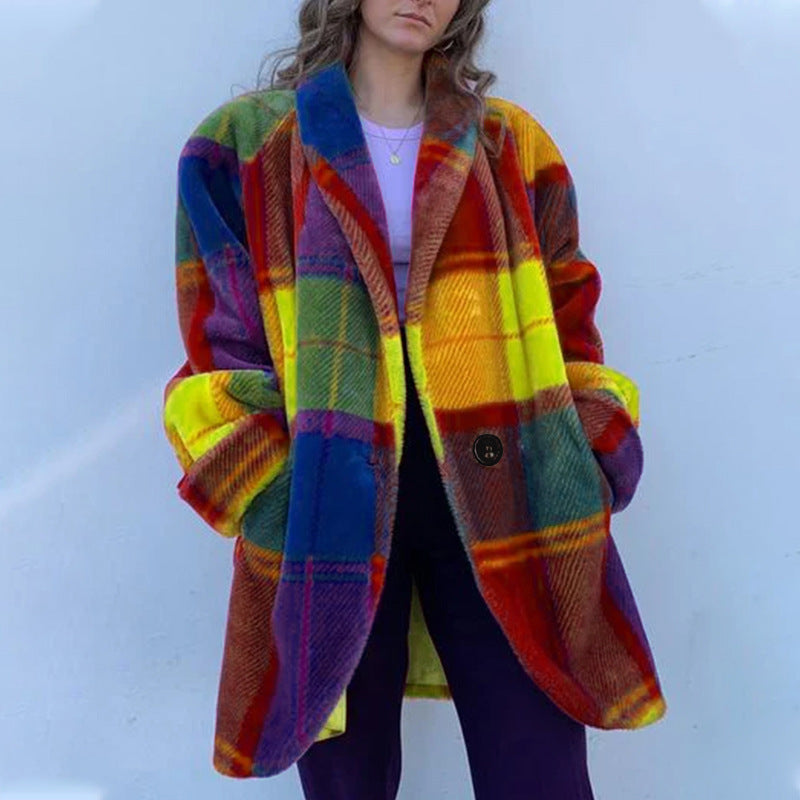 Women's Patterned Oversized Coat with Check Design and Soft Material, Size