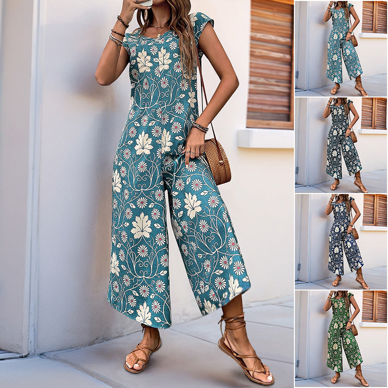Women's jumpsuit with floral design and chestnut brown tie belt, size