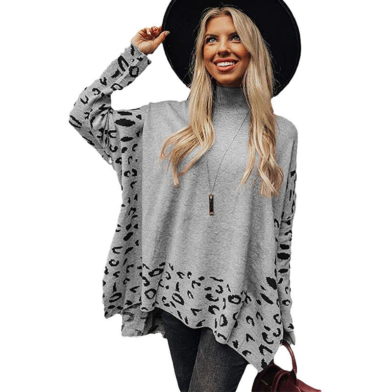 Damen lässiges Oversized-Pullover mit animalischem Muster und hohem Kragen GR
