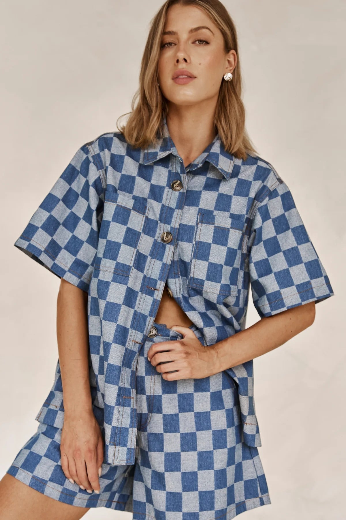 Women's Checkered Denim Shirt Set, Size