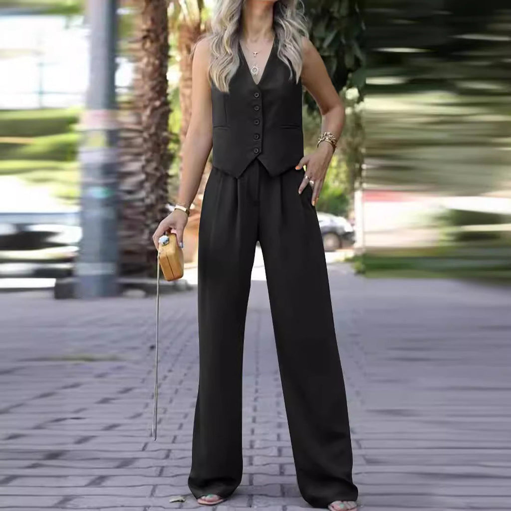 Sleeveless V-neck vest with wide-leg trousers ensemble