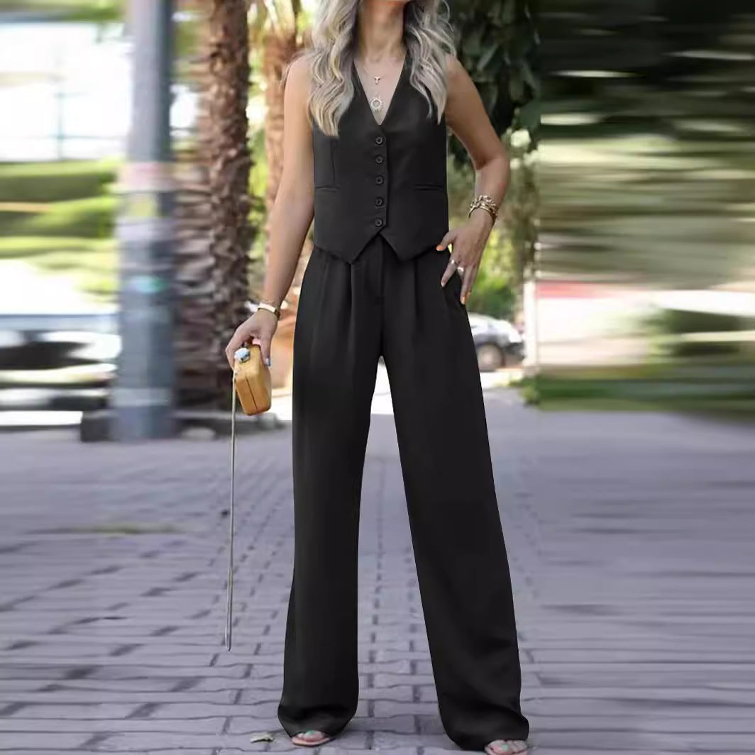 Sleeveless V-neck vest with wide-leg trousers ensemble