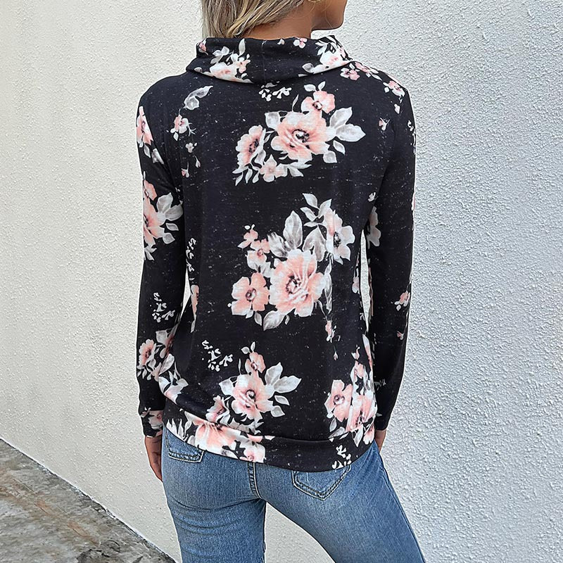 Women's blouse with floral design and modern hoodie neckline, size