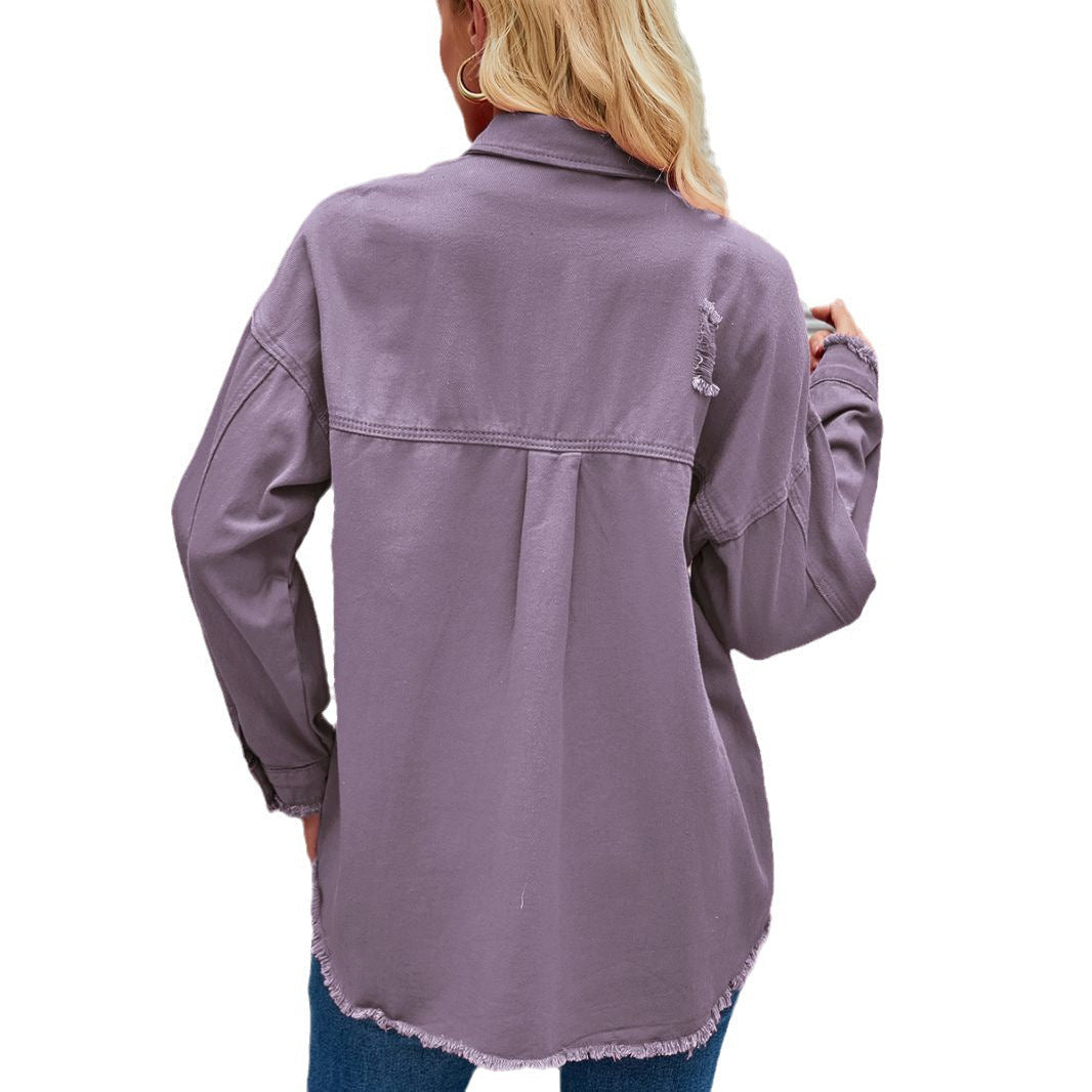 Women's denim shirt jacket in a casual oversized cut with fringed details, size GR