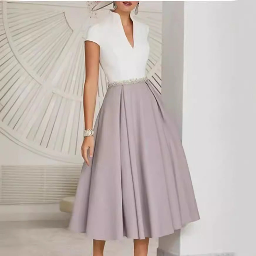 GR | White color block V-neck flared summer dress