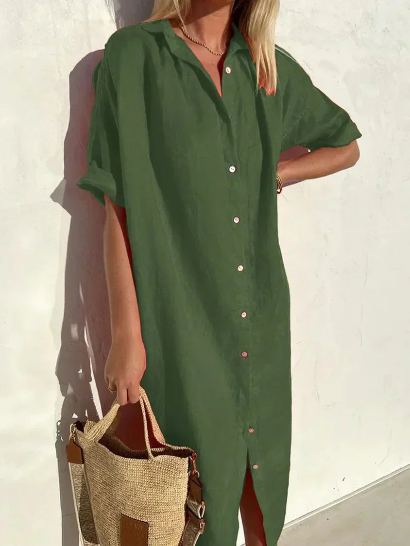 GR | Knopfkleid mit Weitem Ausschnitt und Schmalen Ärmeln, Elegant und Locker, für Frauen Baumwoll- und Leinenkleider
