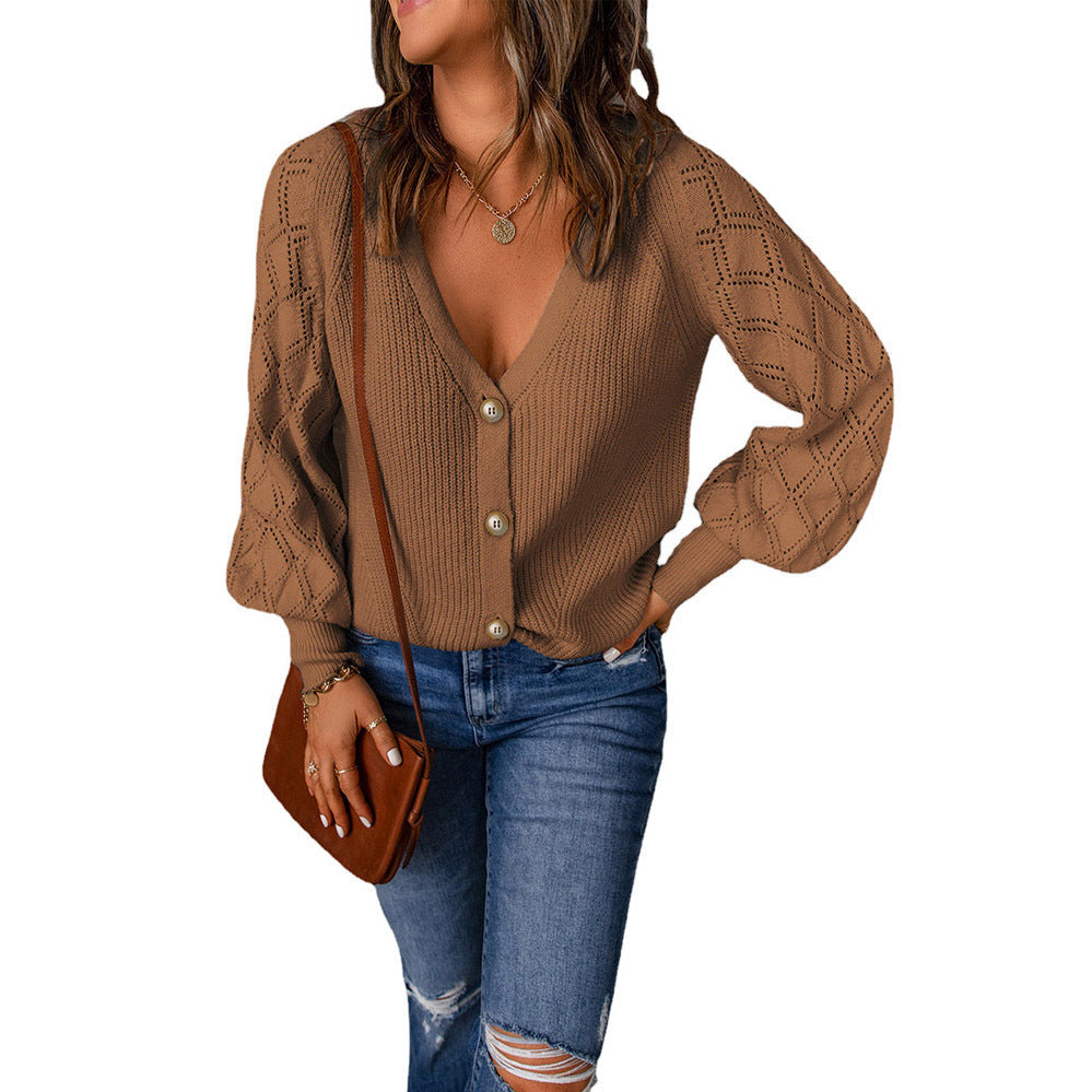 Damen Strickjacke mit V-Ausschnitt und Puffärmeln GR