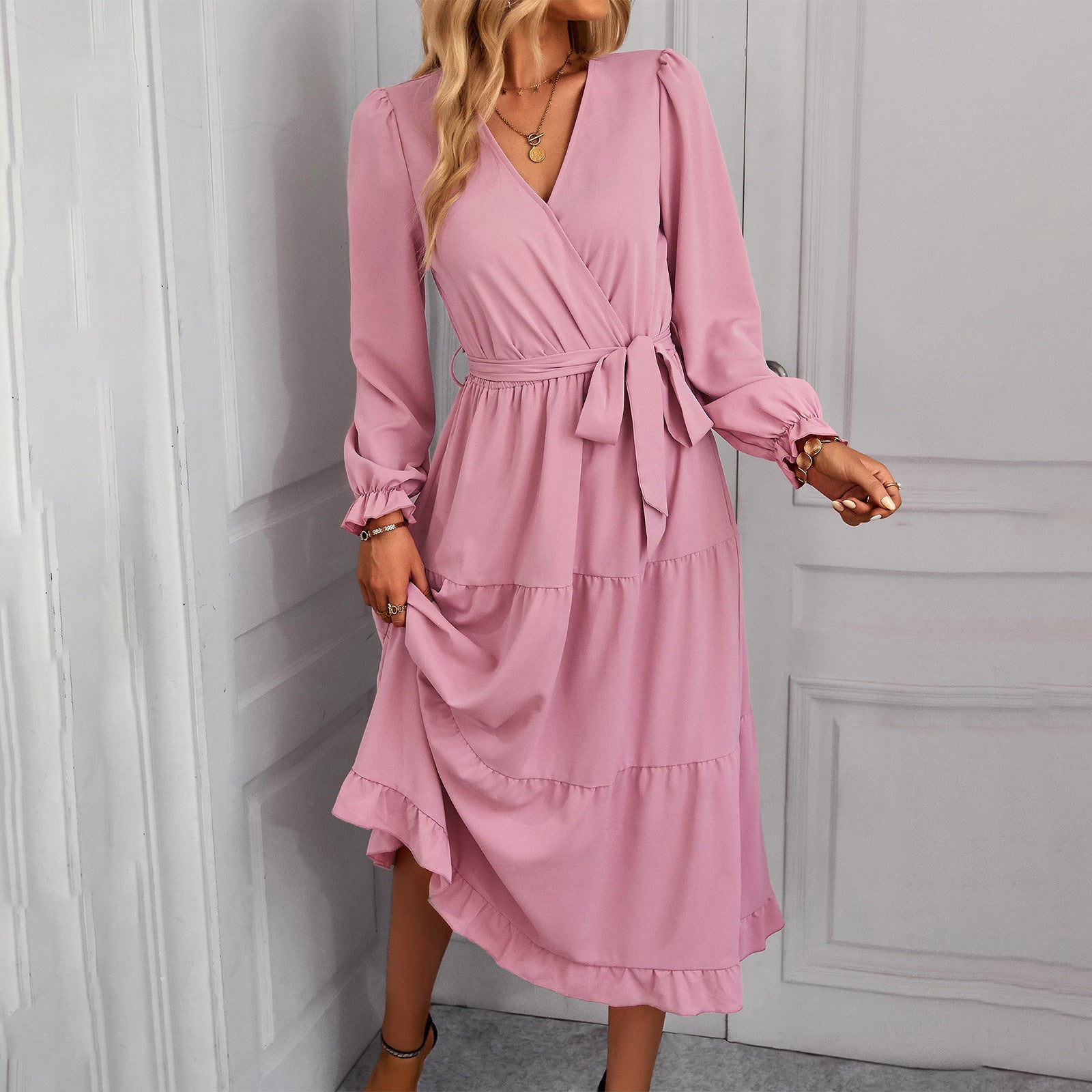 Women's wrap dress with ruffle details and elegant puff sleeves, size [size missing]