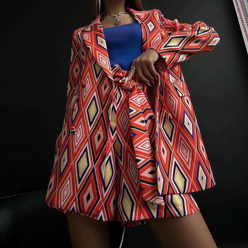 Damen Blazer und Shorts Set mit geometrischem Muster und taillierbarem Gürtel GR