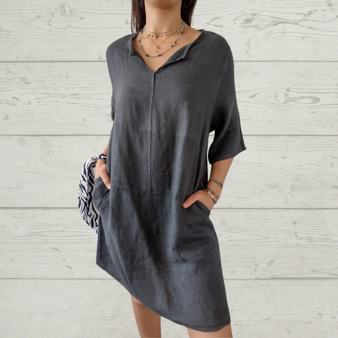 Damen Leichtes Leinenkleid mit vorderem Knopfdetail und seitlichen Taschen GR