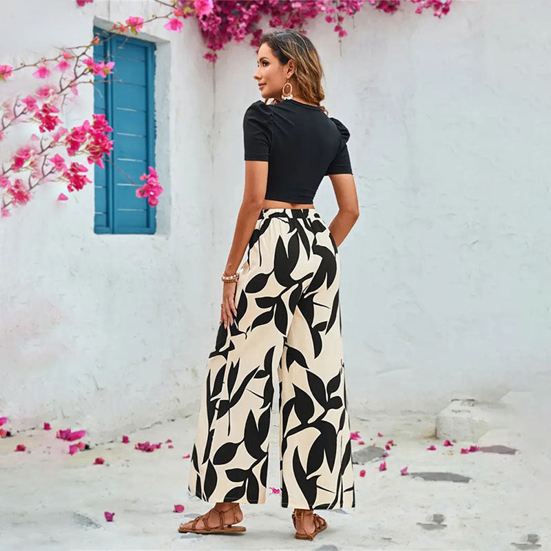 Women's Elegant Wide Leg Trousers with Floral Pattern Size