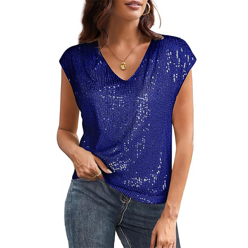 Women's glittery top with a V-neck and loose fit, size [size missing]
