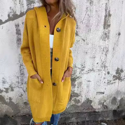 Damen Strickjacke mit Kapuze und Knöpfen GR