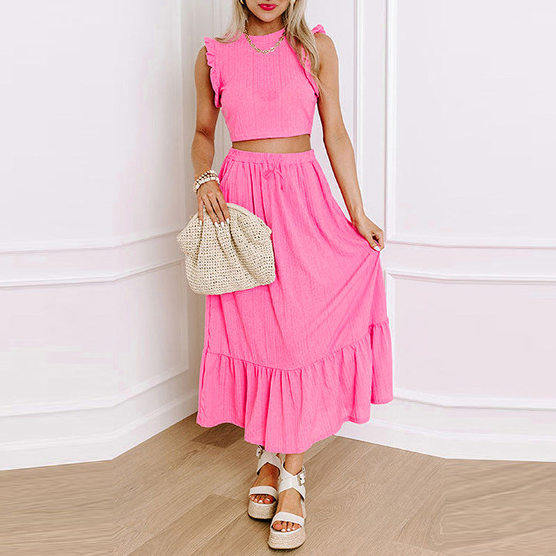 Women's two-piece set with ruffled top and maxi skirt, size