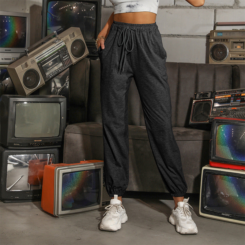 Women's casual jogging pants with elastic waistband and modern drawstring, size