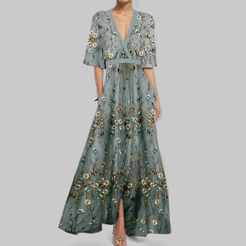 GR | Elegant V-neck printed waist dress with peplum