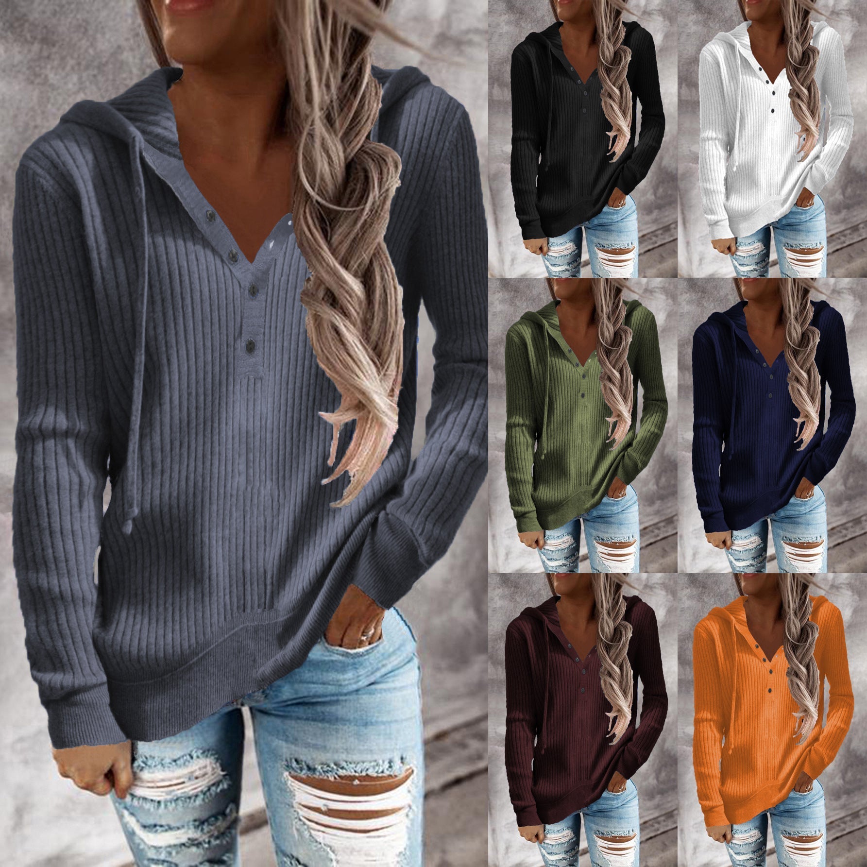 Damen Kapuzenpullover mit strukturiertem Rippdesign und praktischen Knopfdetails GR