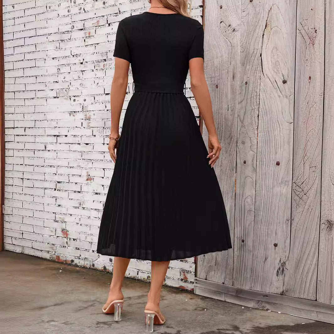 GR | Lässiges Fließendes Kurzarm-Gürtel-Midikleid