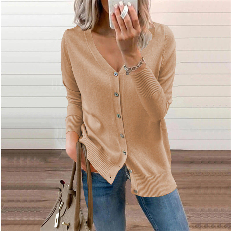 Women's cardigan with modern button details and deep V-neck, size