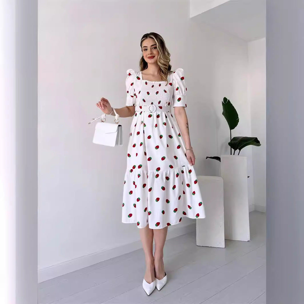 GR | Bedrucktes, taillenbetontes U-Ausschnitt Elegantes Kleid