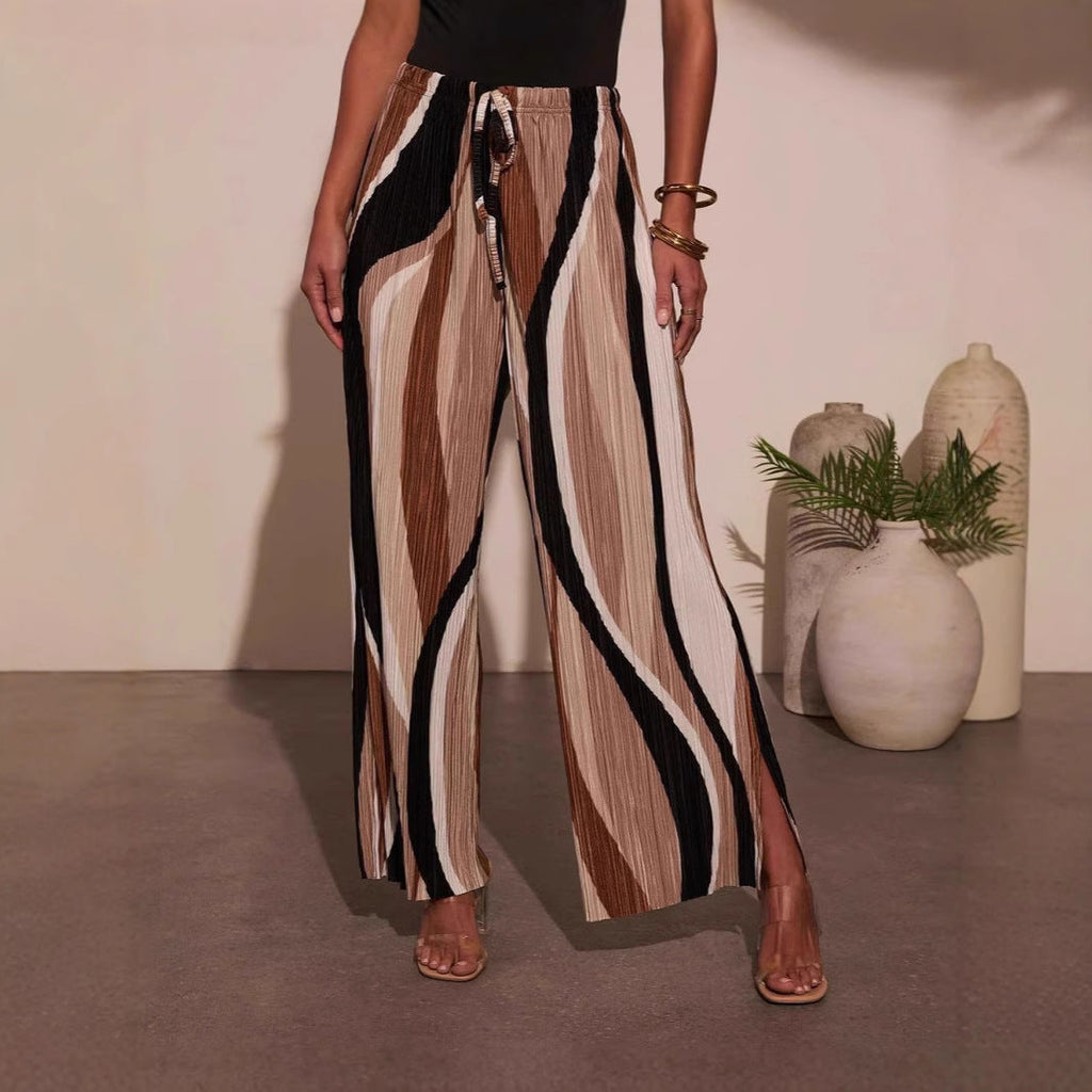 Women's pleated trousers with wide legs and side slits, size