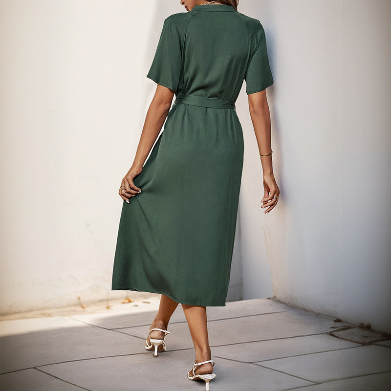 Women's midi dress with elegant button detail and narrow waist belt, size