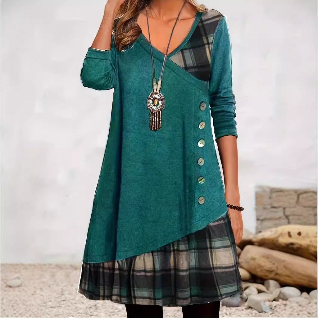 GR | Klassischer Look Karierte Langarmkleid