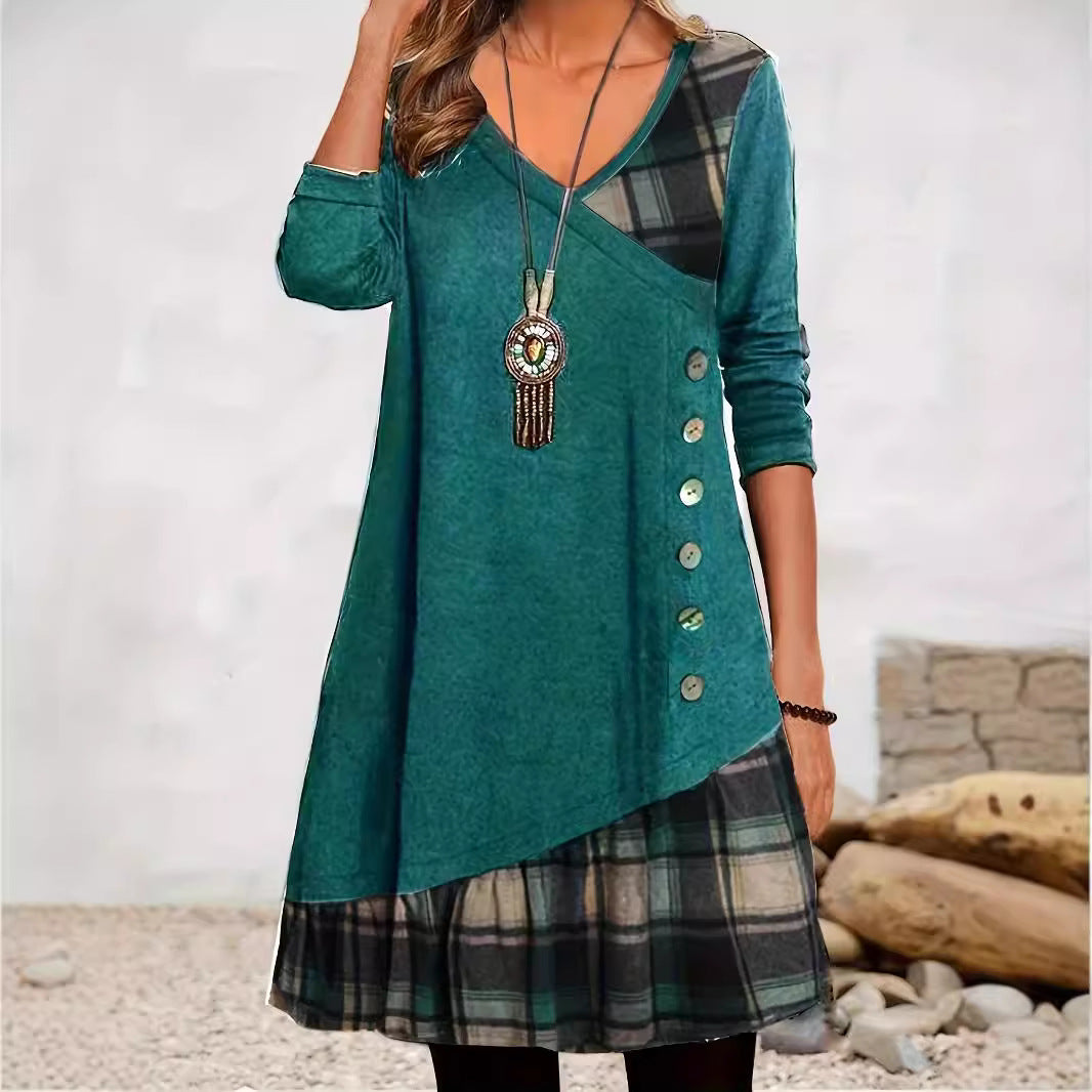 GR | Klassischer Look Karierte Langarmkleid