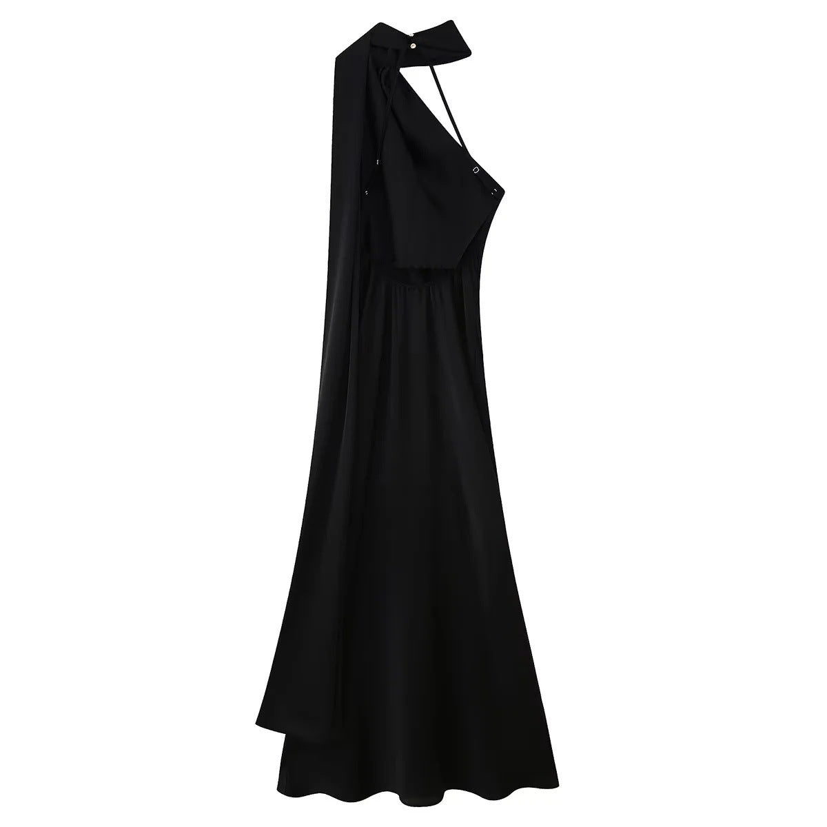 Women's evening dress with elegant stand-up collar and voluminous cape, size S