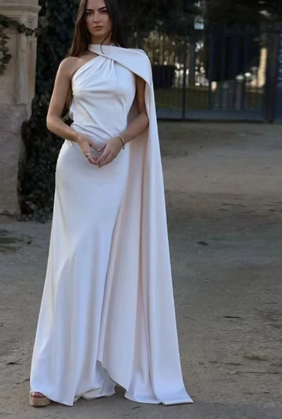 Women's elegant evening dress with a one-sided cape and sophisticated draping, size GR