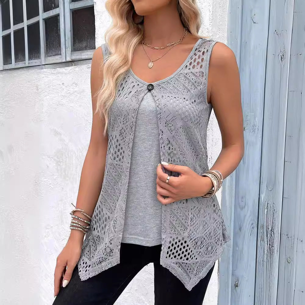 Women's sleeveless lace tunic shirt with fashionable button closure, size