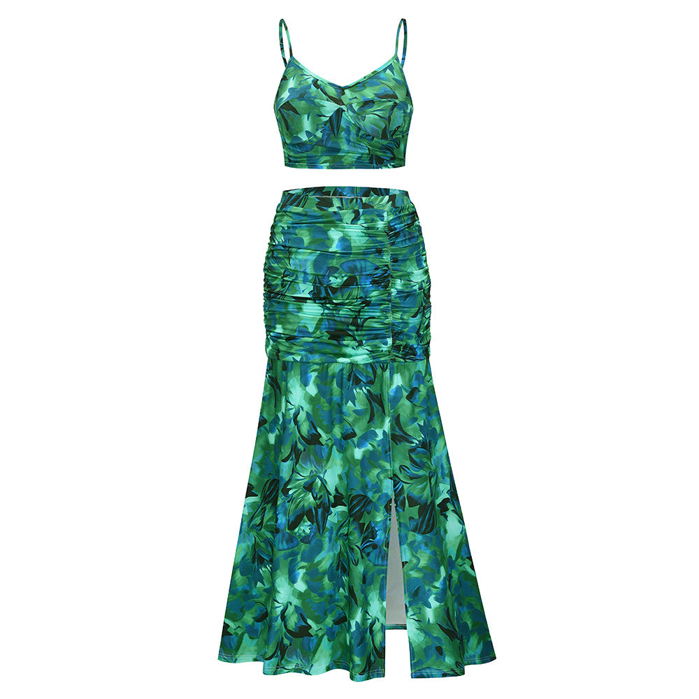 GR | Spaghetti Strap Sleeveless Crop Top High Slit Long Skirt Set