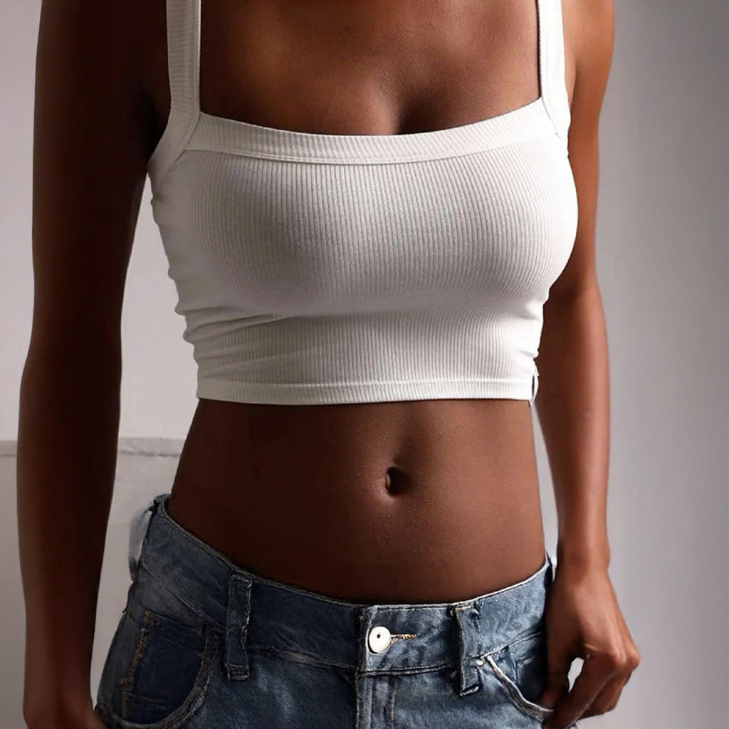 Women's figure-hugging crop top with wide straps and ribbed texture, size GR