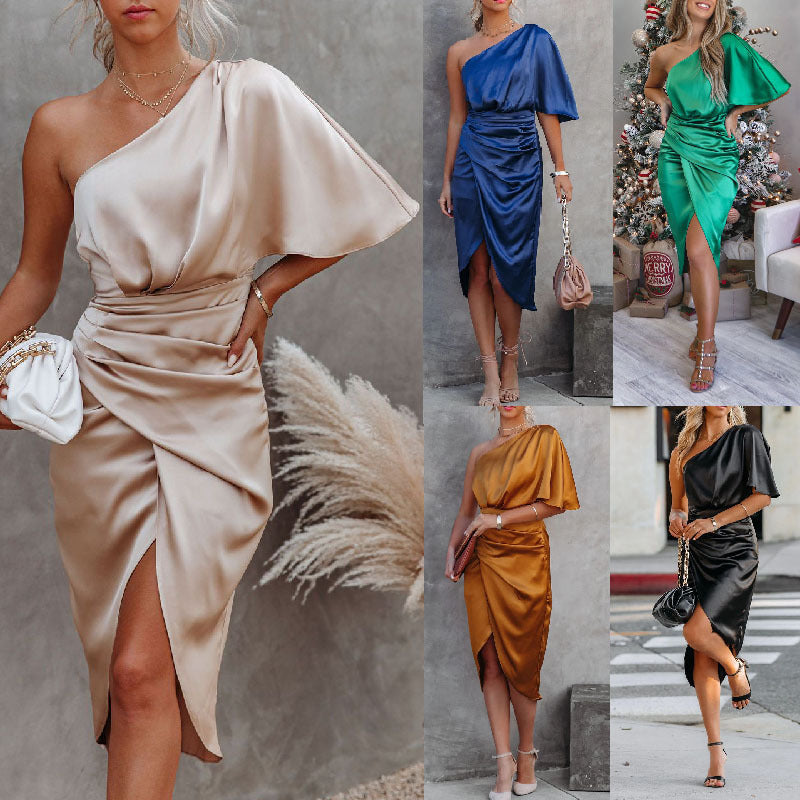 Women's satin evening dress with asymmetrical design and refined ruffles, size