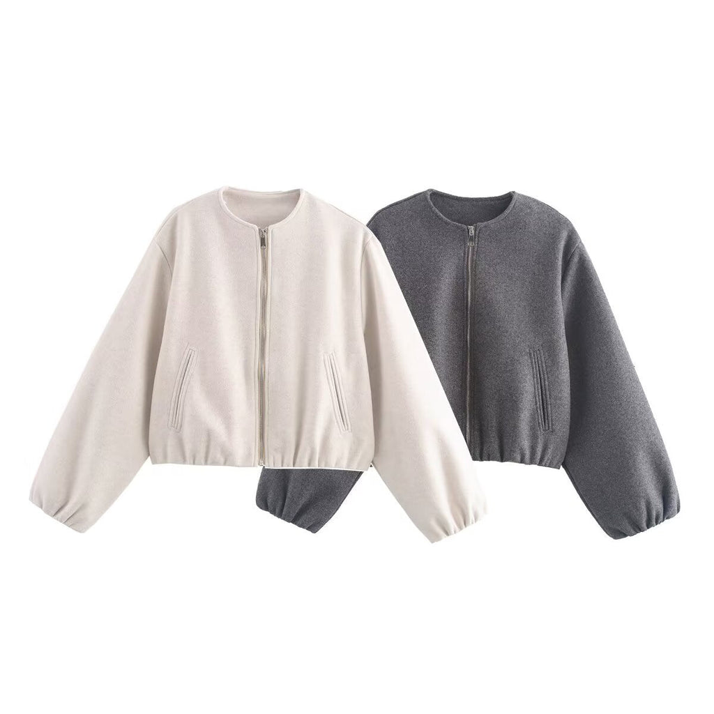 Women's casual short jacket with voluminous sleeves and metallic zipper, size S