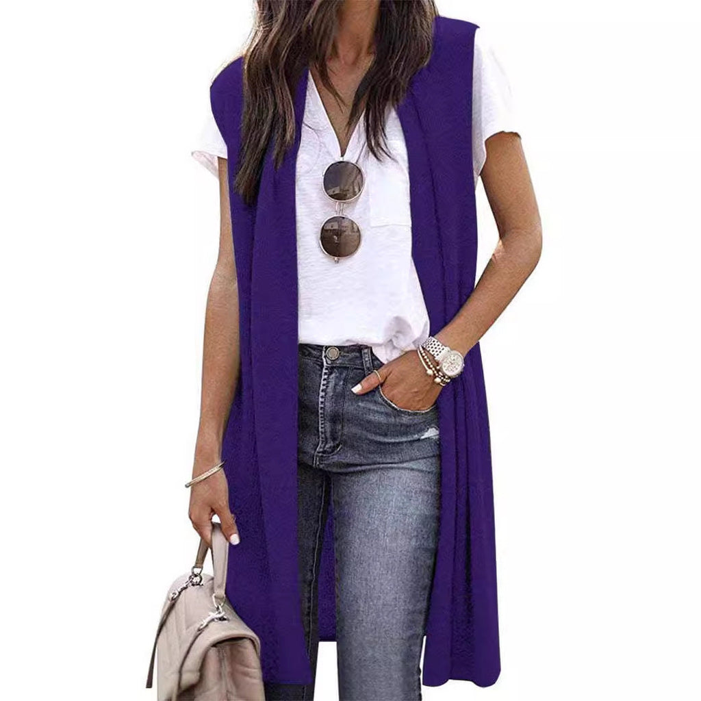Women's open cardigan with a relaxed fit and long side panels, size