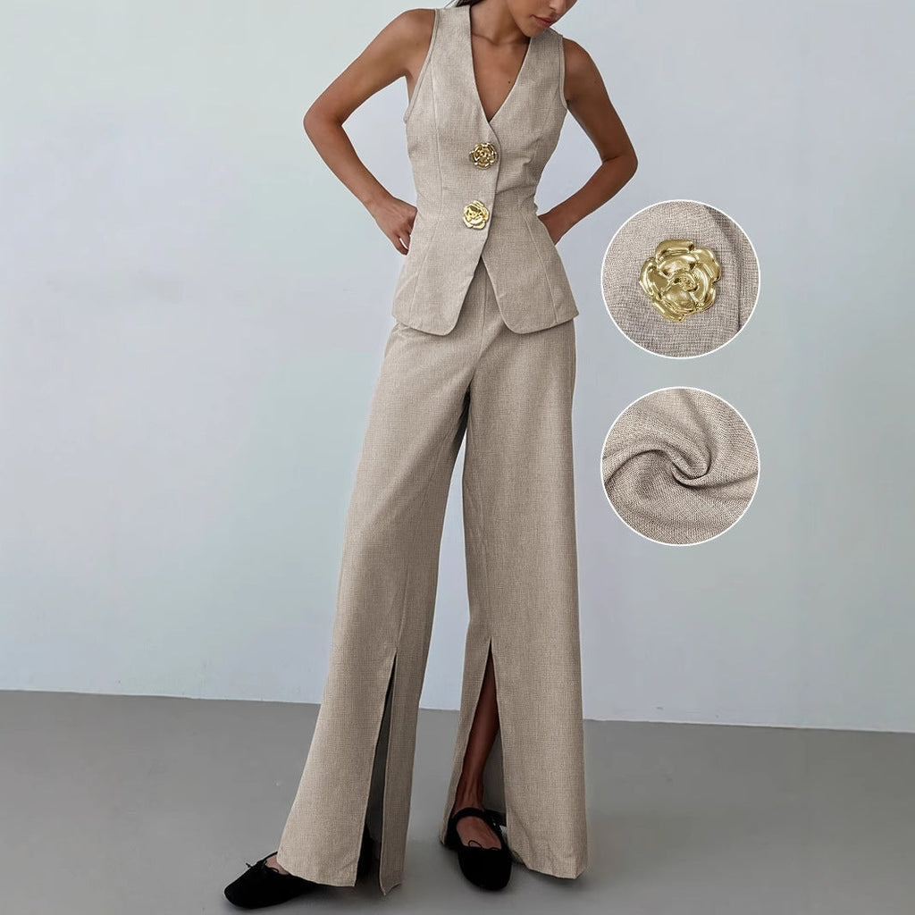 Women's elegant suit set with tailored blazer and wide-leg trousers, size