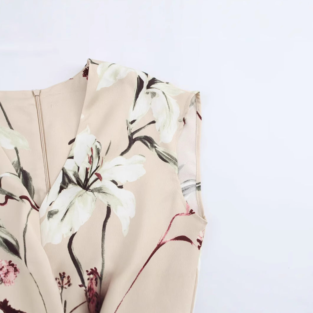 GR | V-Ausschnitt Texturiertes Floral-Print Midi-Kleid