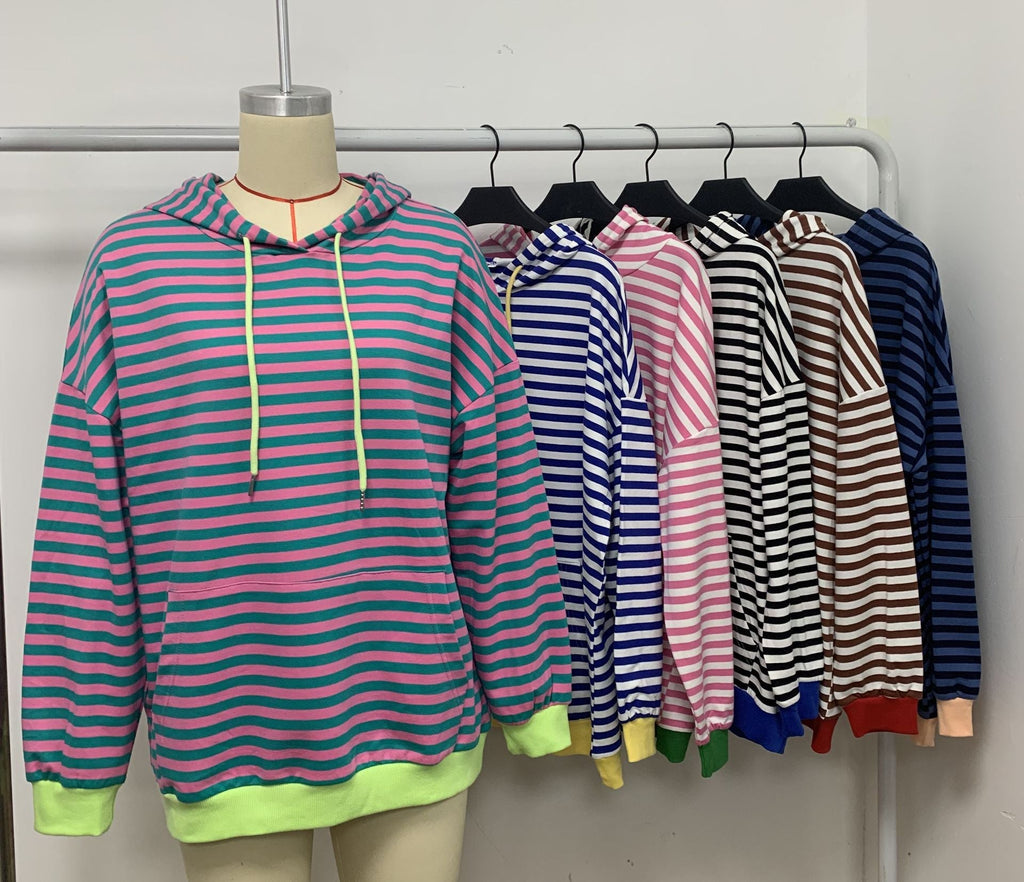 Damen gestreifter Kapuzenpullover mit stylischer Kängurutasche GR