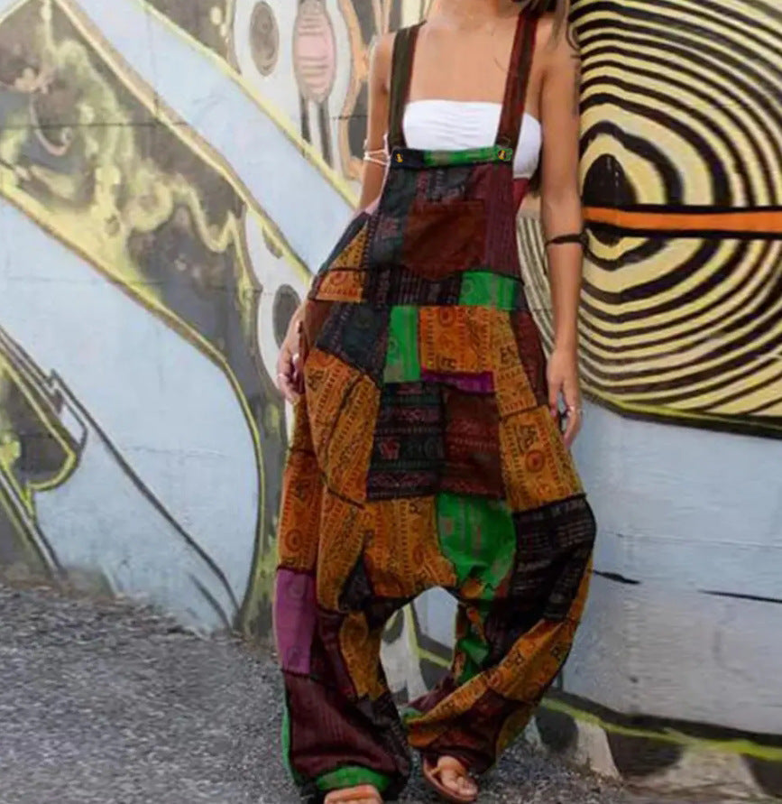 GR | Women's Jumpsuits Loose Sling Print Pocket Casual Jumpsuit