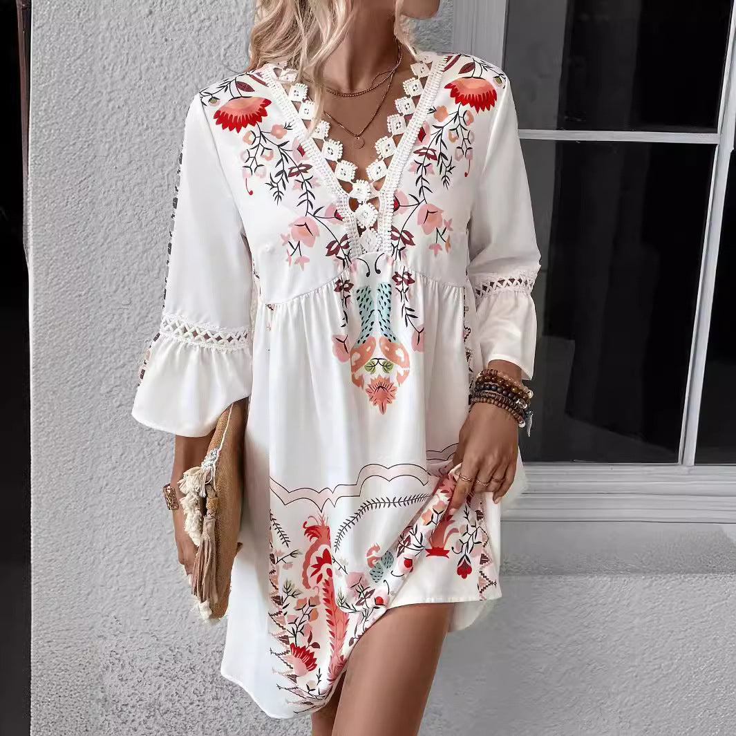 Women's boho-inspired dress with lace details and floral pattern, size S
