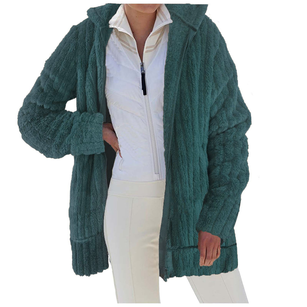 Women's cozy jacket with soft, textured material and high collar, size [size missing]