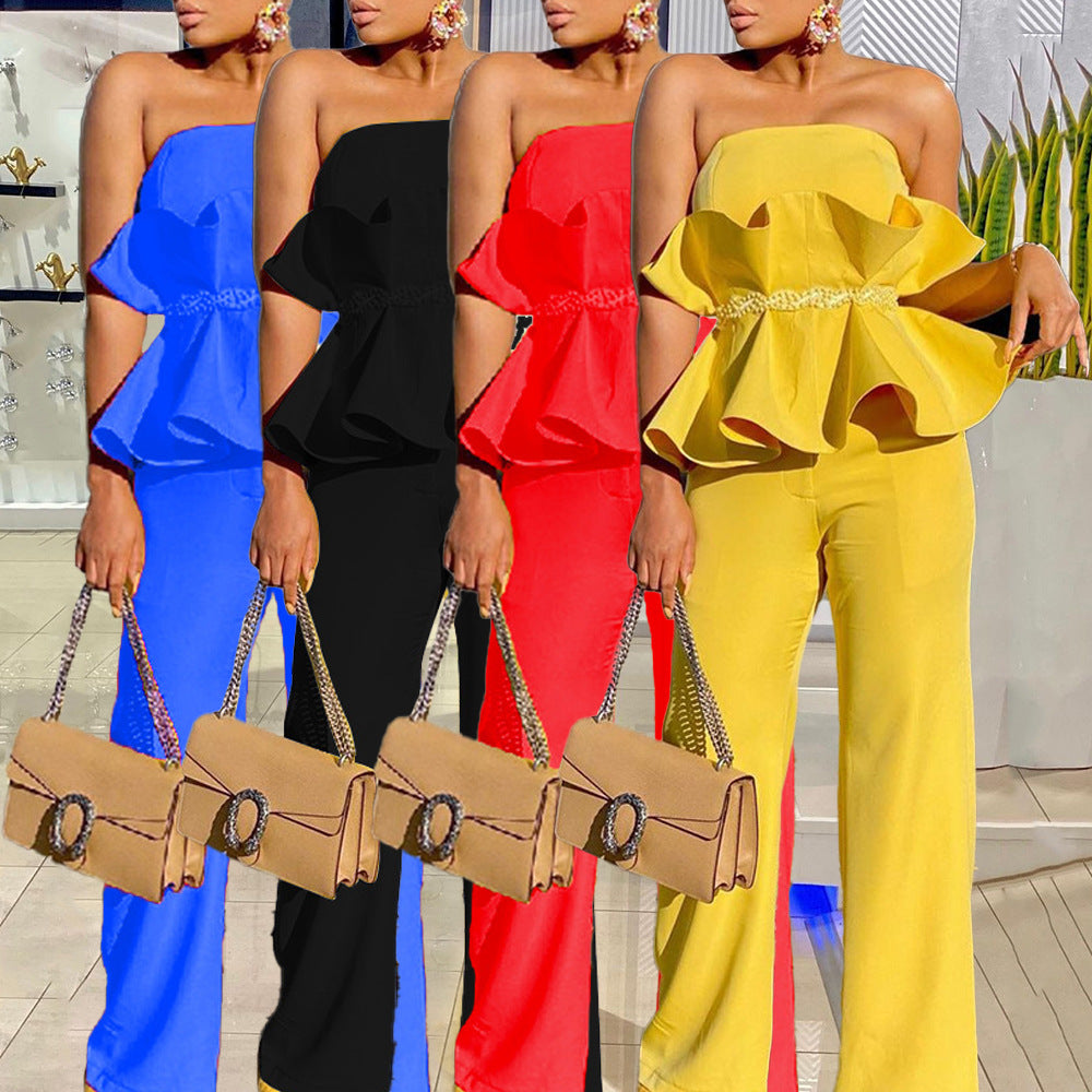 Women's jumpsuit with voluminous ruffle design and off-the-shoulder top, size