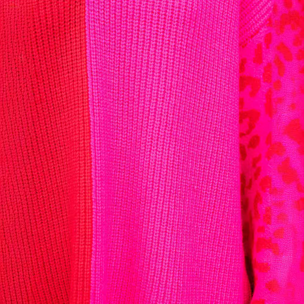 Damen farbenfroher Pullover im modischen Blockfarben-Design mit Leopardenmuster GR