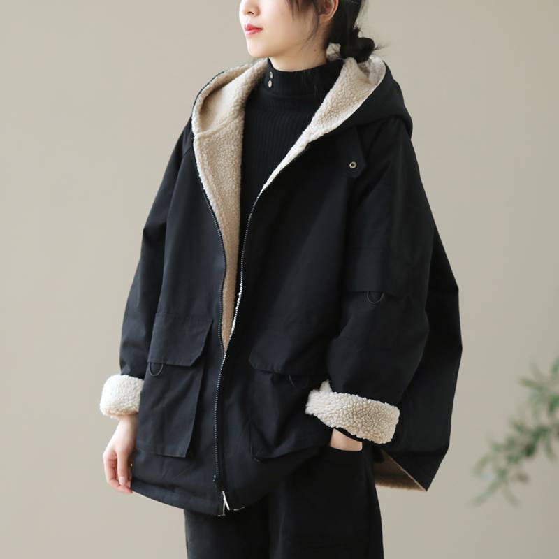 GR | Solid Color Reversible Jacket with Hood and Zipper