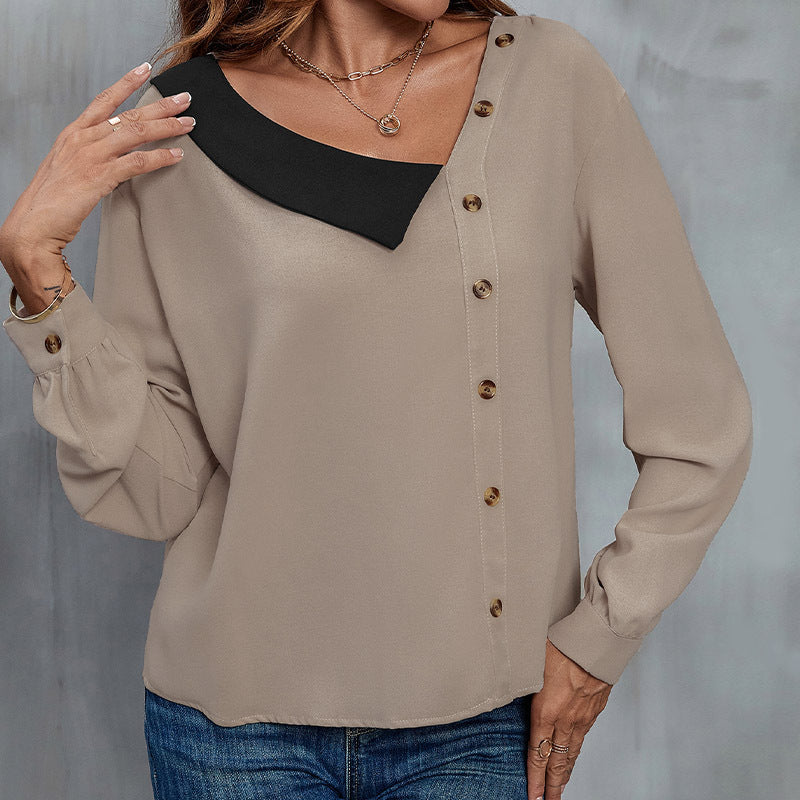 Women's blouse with asymmetrical collar and button details, size
