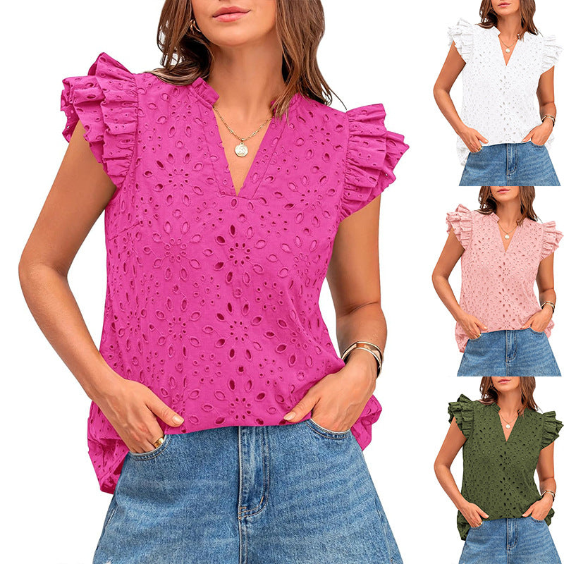 Women's blouse with ruffled sleeves and floral openwork pattern, size